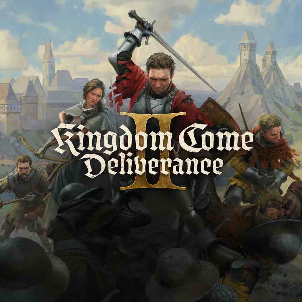 Kingdom Come: Deliverance II hero artwork showing four hero characters fighting enemies before a Medieval town Kingdom Come: Deliverance II